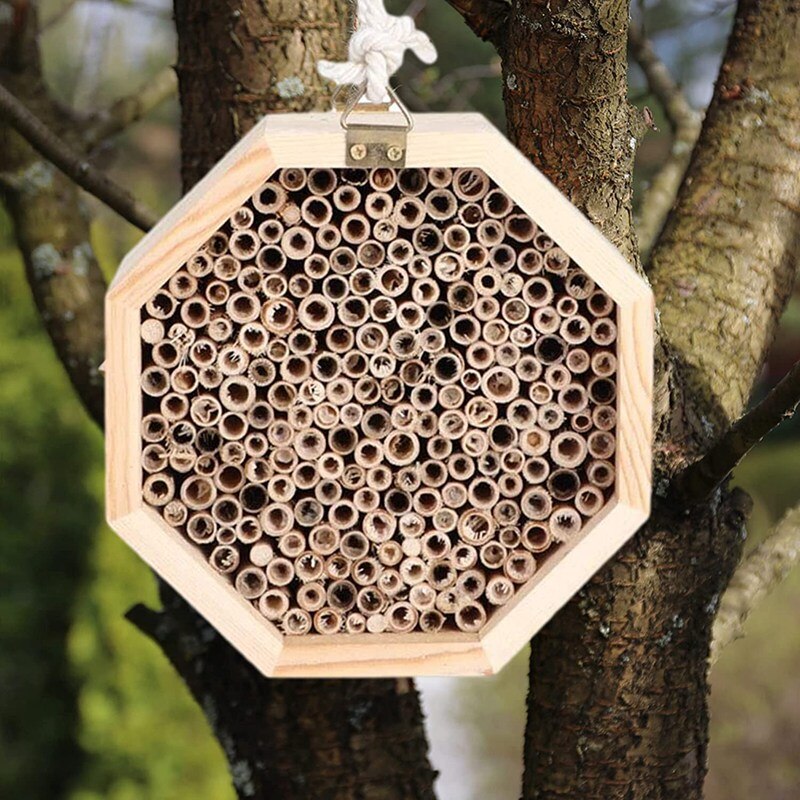 Bee House Handmade Natural Wood Bee Hive Attracts Peaceful Bee Pollinators To Enhance Your Garden's Productivity
