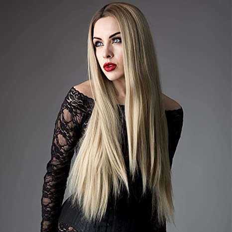 Grillige W Lange Rechte Zwarte Pruiken Voor Vrouwen Zwart Blond Natuurlijke Middelste Deel Hittebestendige Haar Synthetische Pruik: Dark Roots Blonde
