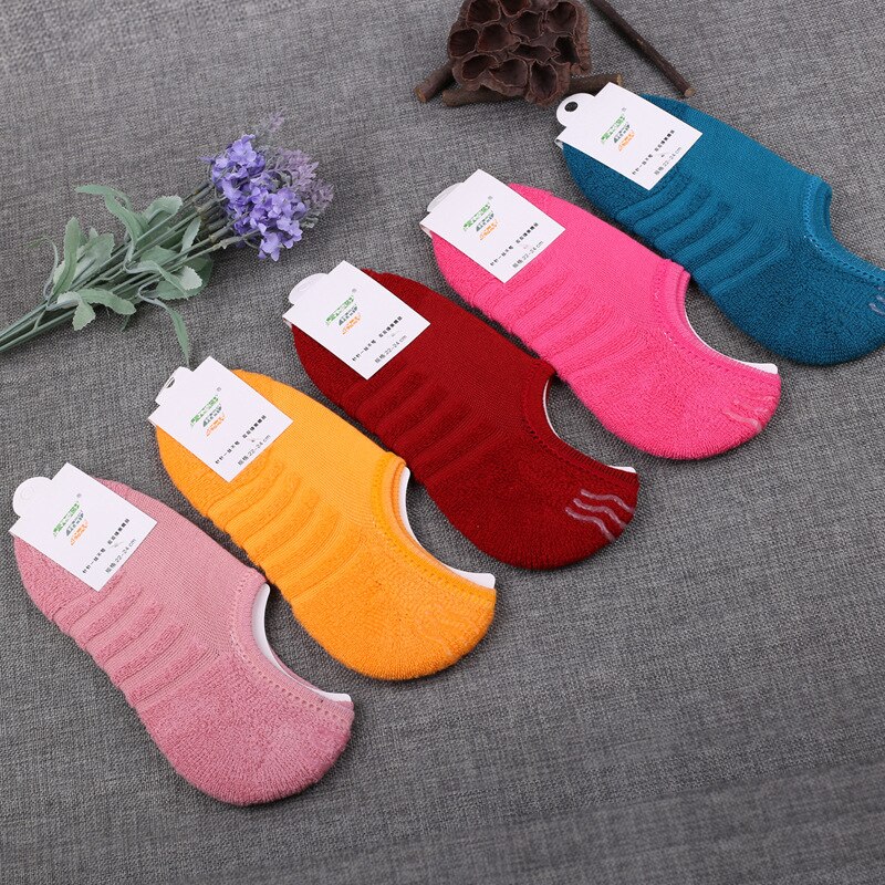 Calcetines de algodón con fondo de toalla para mujer, medias de silicona antideslizantes, invisibles, 5 par/lote, primavera y otoño,