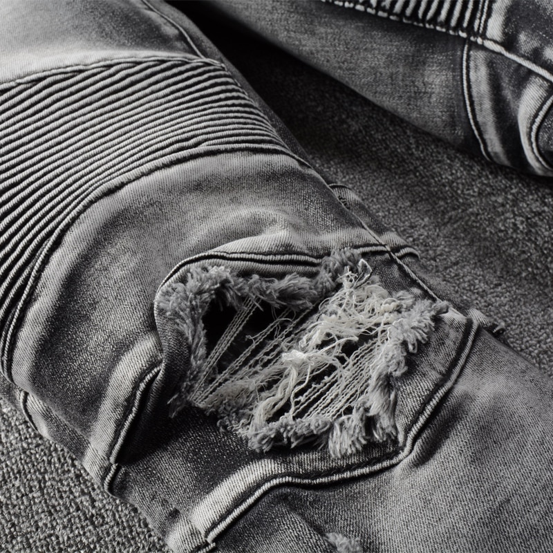 Amerikaanse Straat Stijl Mode Mannen Jeans Retro Grijs Vernietigd Spliced Gescheurde Jeans Voor Mannen Hip Hop Punk Biker Broek