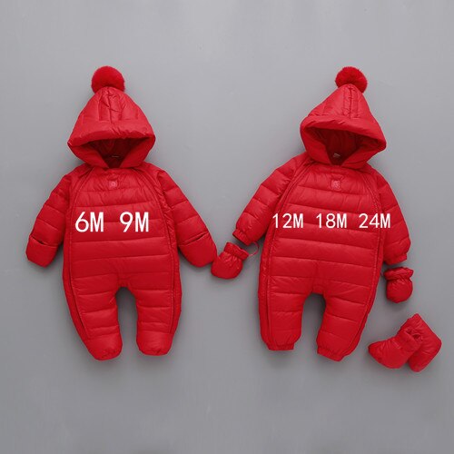 winter Year Baby jumpsuits red christmas feather down jackets for girls clothing with hooded baby boy rompers: 6M