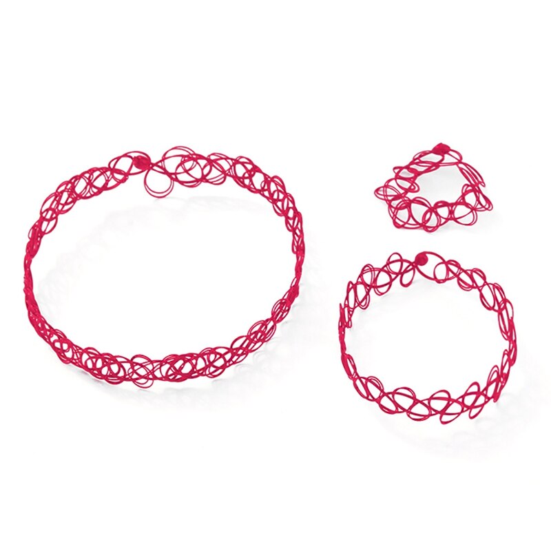 3Pcs Vislijn Choker Ketting Set Stretch Tattoo Ketting Met Armband En Ring Vinger Elastische Hollow Chocker Sieraden: Rose Red