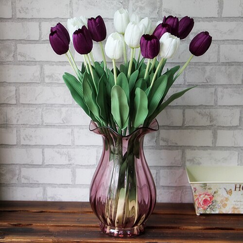Smuk latex ægte touch kunstig silke tulipan blomst bryllup buket hjem indretning