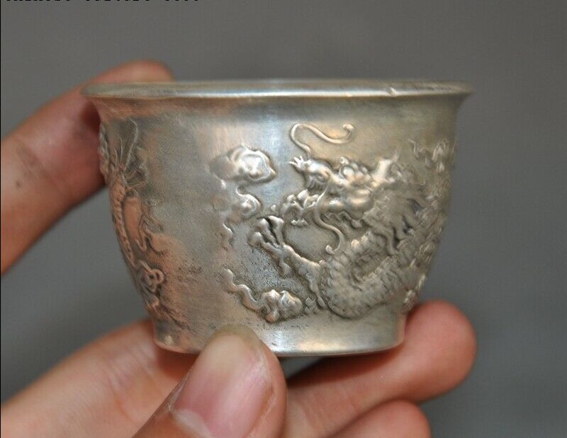 Verzamelen China Tibetaanse Zilveren Draken Dragonloong Standbeeld Thee Kom Wijnglas Cup Bureau Decoratie Home Decor