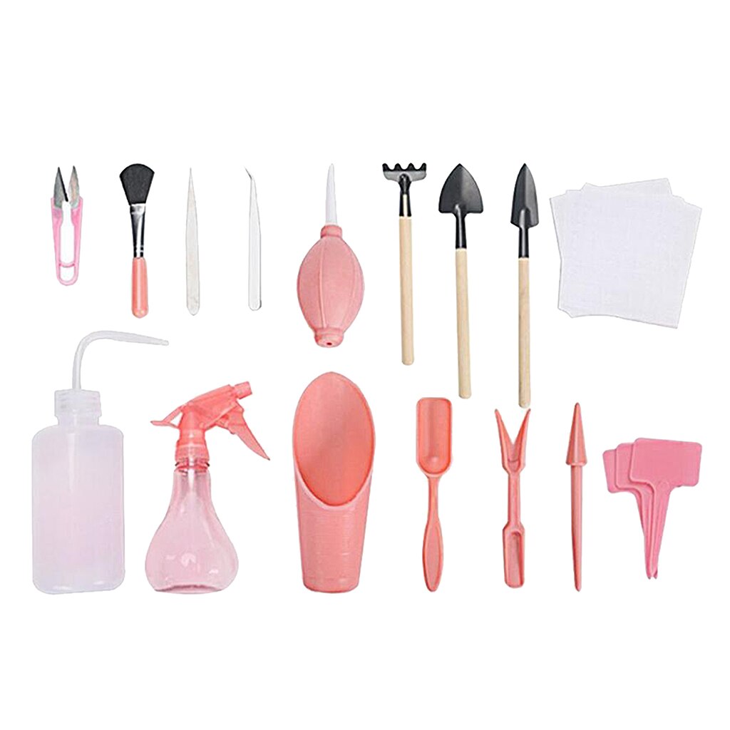 1 Set Mini Garden Tools, DIY Indoor Potted Flower Tools for Succulent Bonsai: Set of 16 Pink
