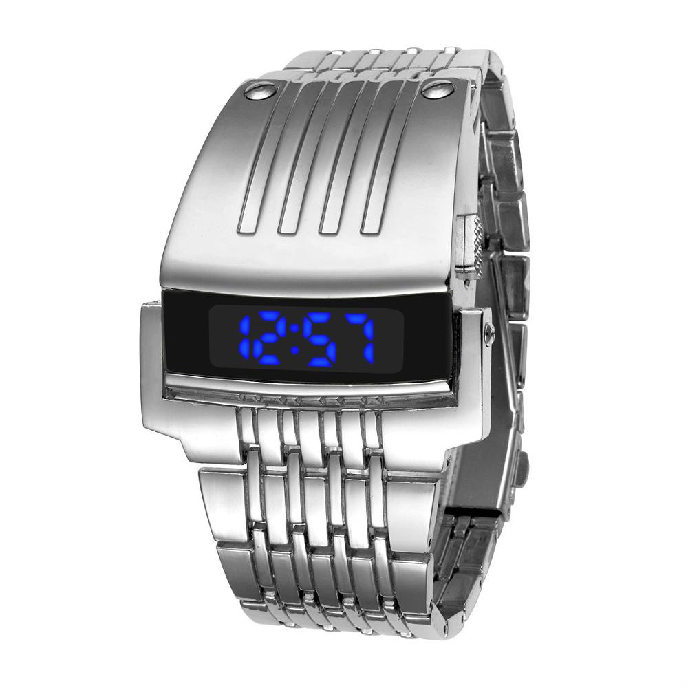 Led Digitale Horloges Mannen Sport Horloges Zwarte Rvs Elektronische Horloges Mode Led Grote Horloges: Zilver