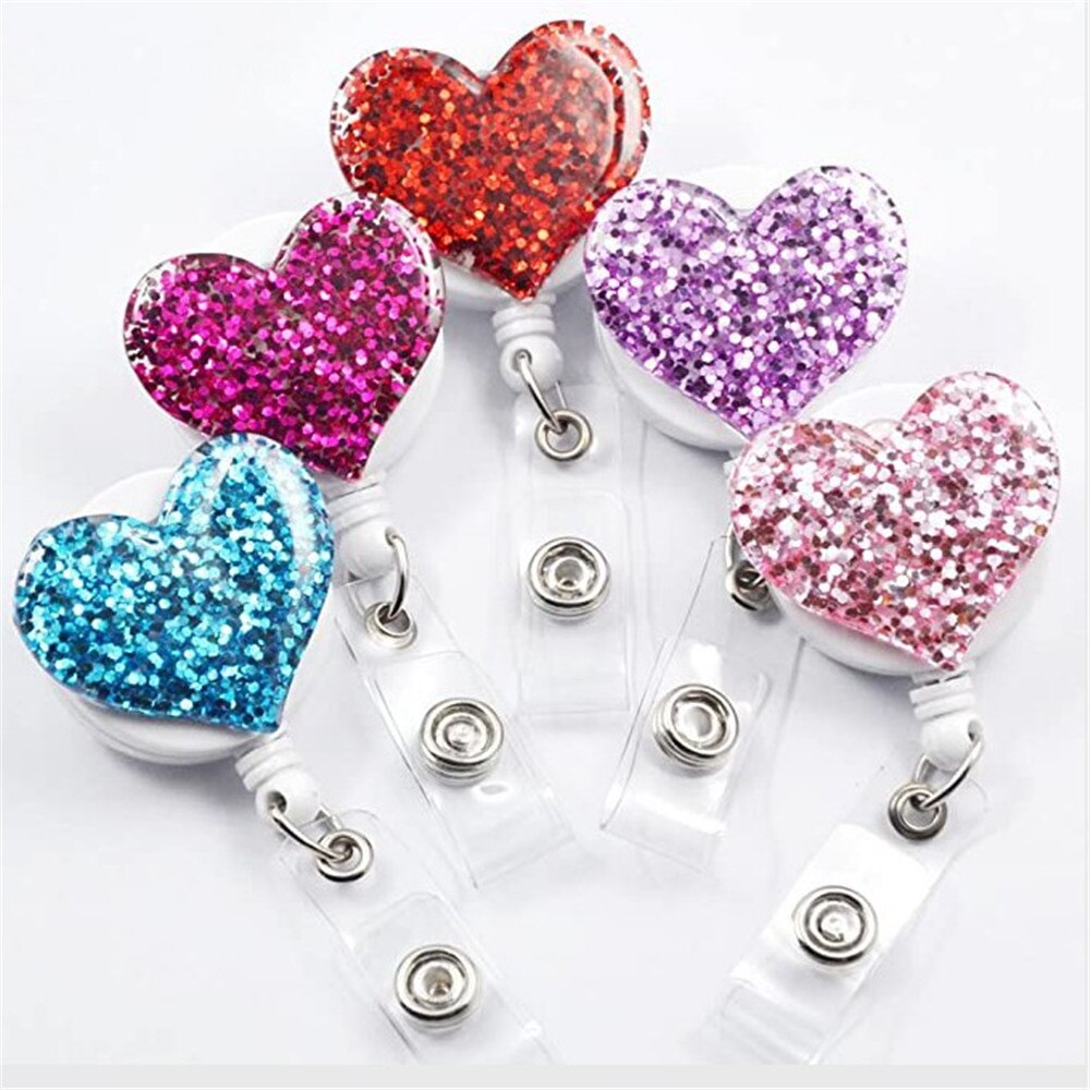1pc Love Heart Glitter Sequins Badge Reel Retractable Badge Holder Nurse Doctor ID Card Holder Pull Key Chain Office Supplies