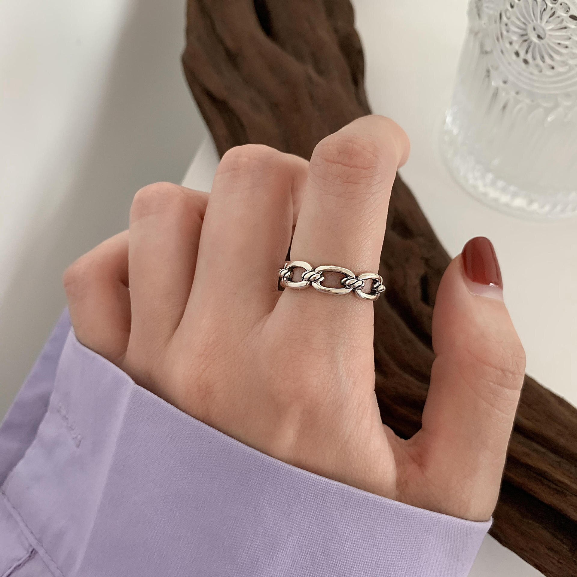 ANENJERY 925 Sterling Silver Combination Rings for Men Women Retro Personality Niche Chain Rings Party Jewelry: S-R1062