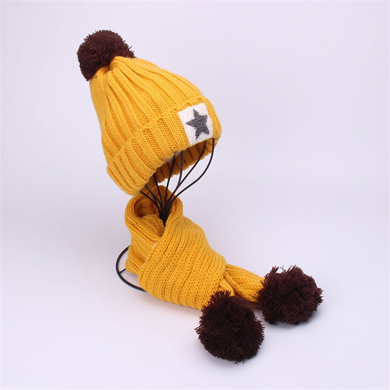 Winter warme kinderset met muts en sjaal voor kinderen, gebreide fluwelen muts, sjaal, babymeisje, jongen, effen pompon, muts, sjaal: Geel