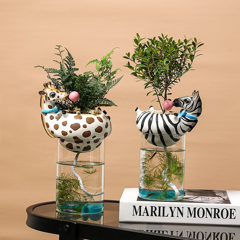 Harpiks dyrehoved vase med akvarium boble naturlig kaktus sukkulente planter urtepotter dekoration zebra giraf håndværk