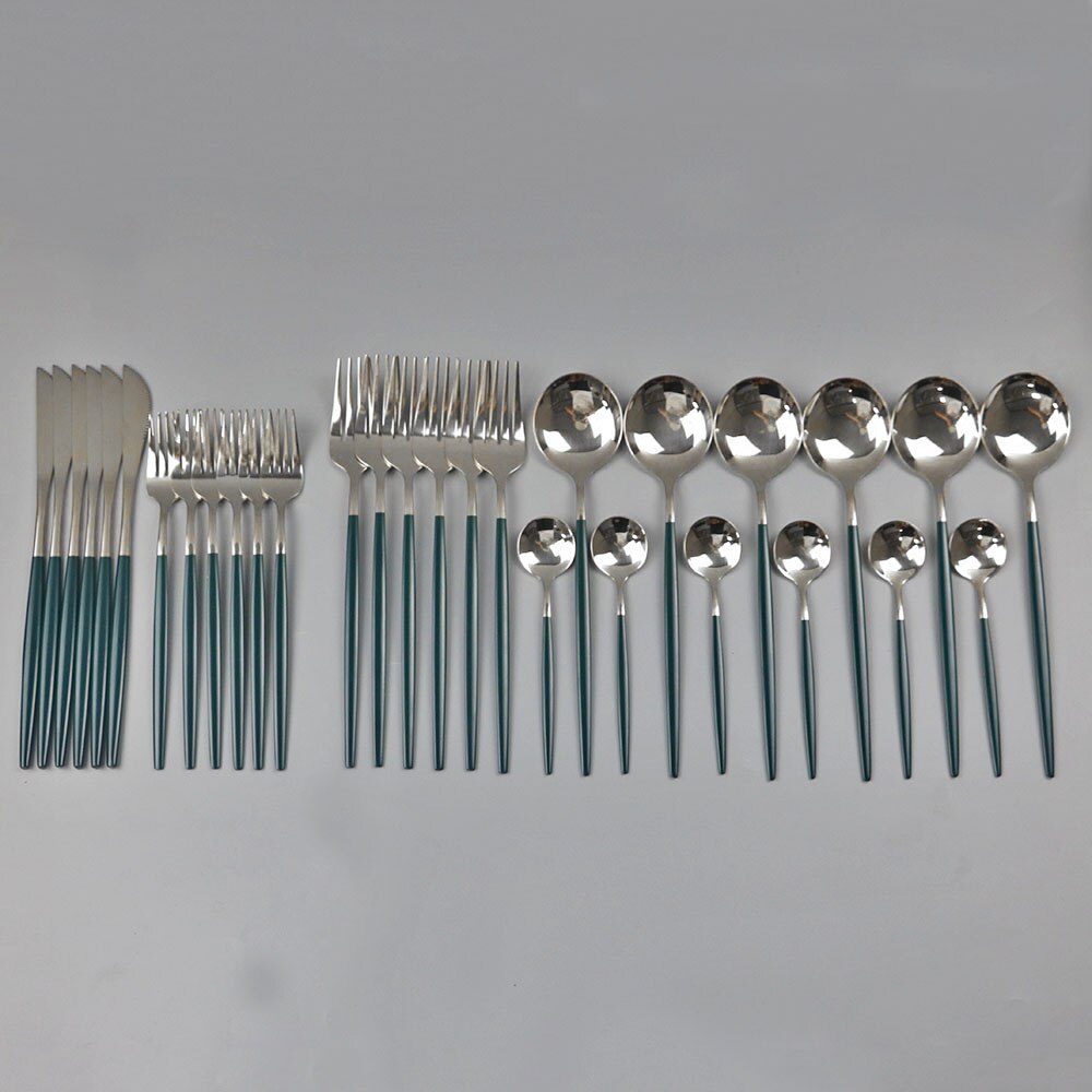 30 st svart guld servis set 18/10 rostfritt stål porslin bestick set enkel middag kniv gaffel sked cutler: Grönt silver