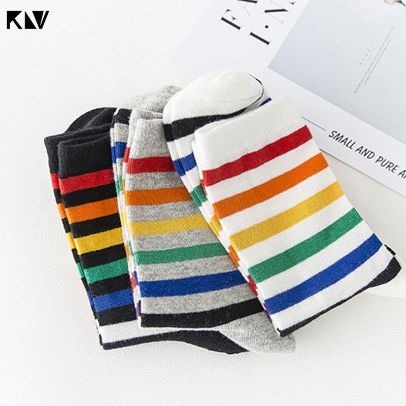 Women Teen Girls Harajuku Rainbow Striped Crew Socks Preppy Style Hip-Hop Skateboard Cotton Novelty Sports Short Tube Hosiery