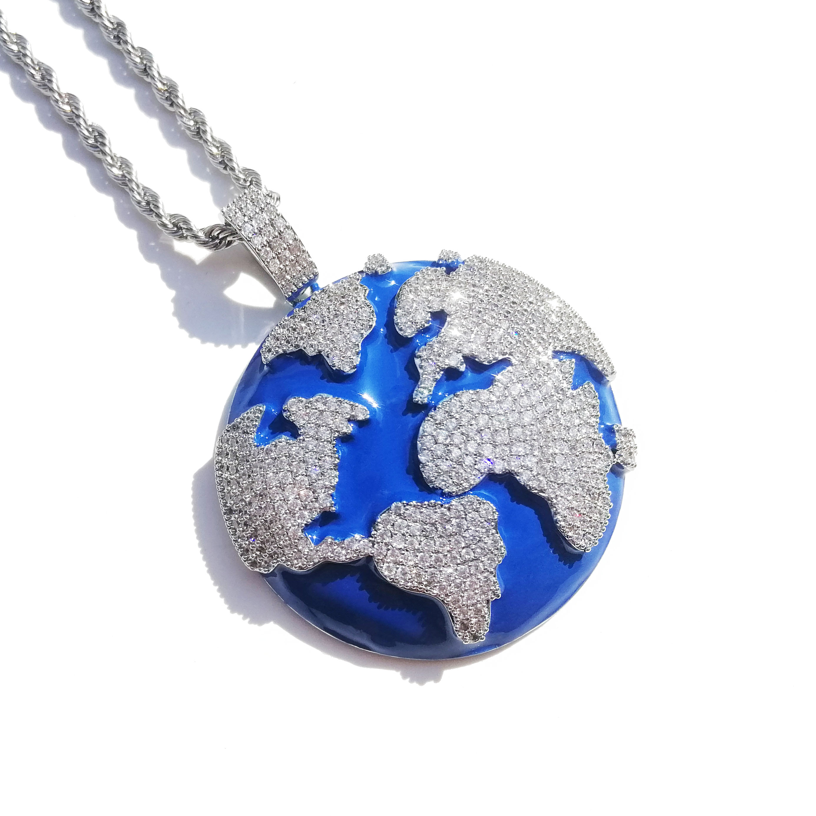 Iced Out Blue Earth Pendant Bling Cubic Zircon Necklace For Men and Women Hip Hop Jewelry