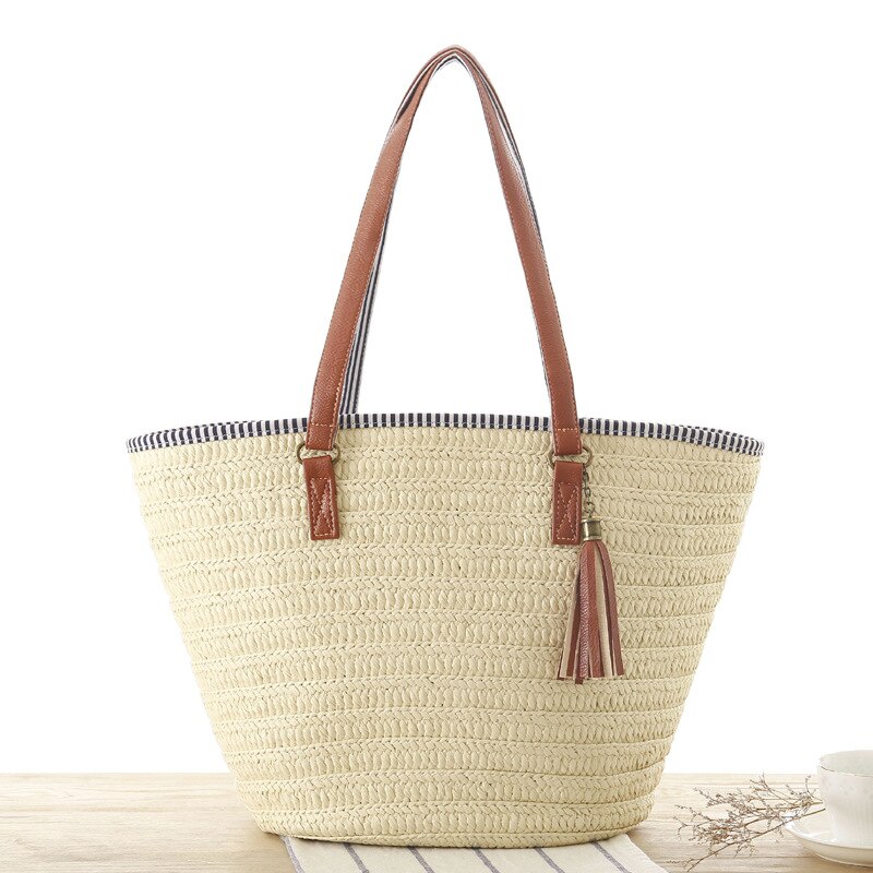 Moda feminina verão palha grande sacola praia borla casual bolsa de ombro bolsa artesanal cesta de armazenamento sacola de compras: Beige
