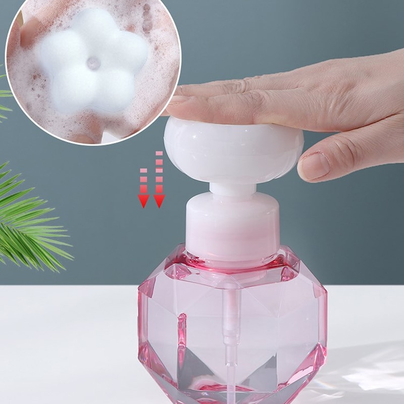 Blomsterformet sæbeskum ildslukker skumpumpe, gennemsigtig plastflaske, rejse shower gel skumpumpe, badeværelsesflaske.