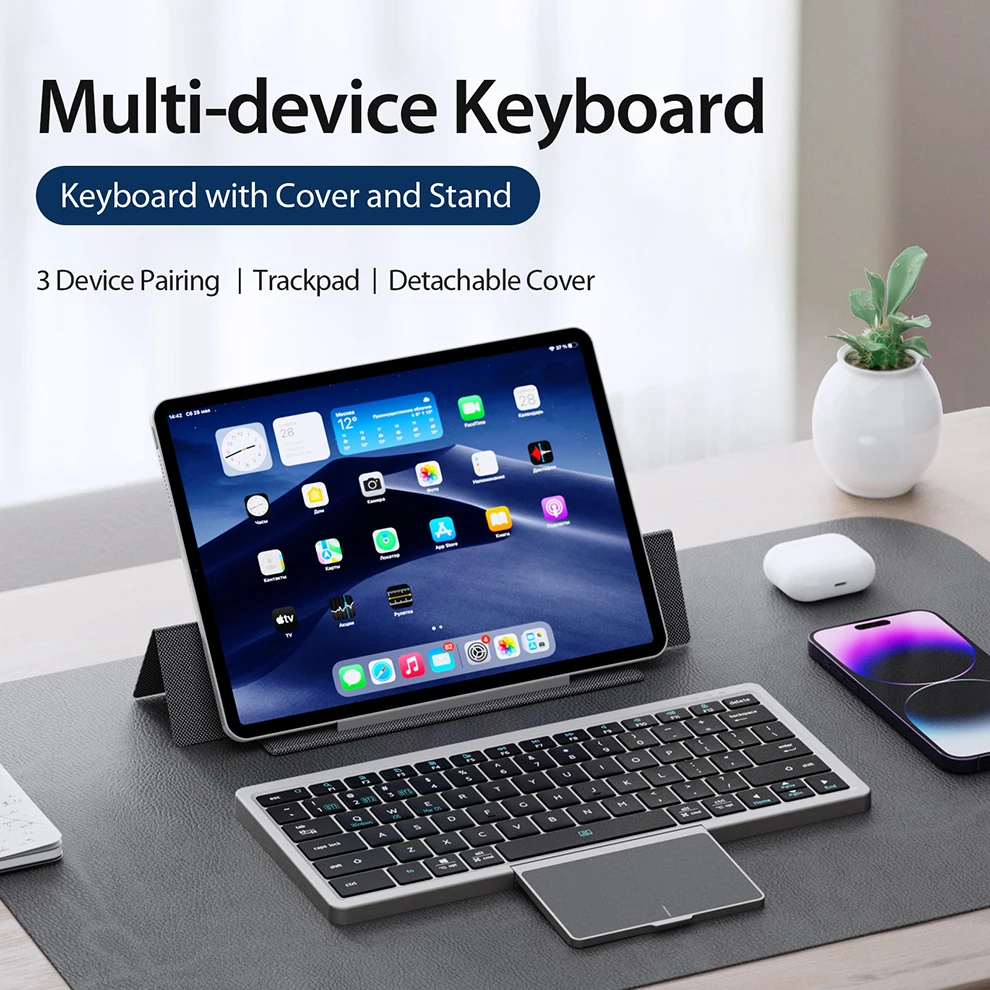 Bluetooth Toetsenbord Opvouwbaar Toetsenbord Met Touchpad Lederen Case Oplaadbare Multi-Device Draadloze Bluetooth 5.2 Tablet Toetsenbord