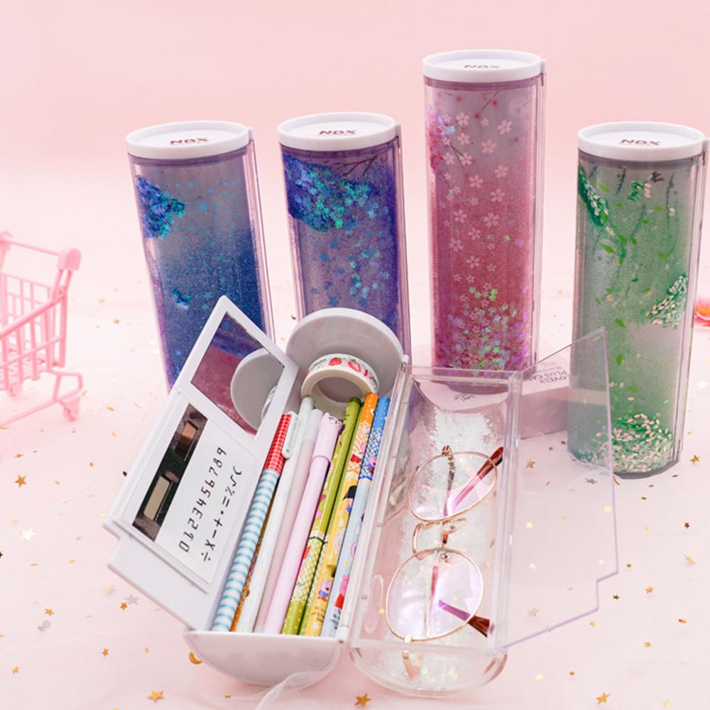 Quicksand Translucent Pencil Case Multifunction Cylindrical Calculator Stationery School Pen Holder