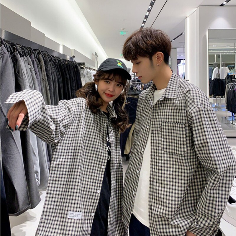 Couple Shirts Men Spring Autumn Harajuku Style Long-sleeved Shirt For Male Loose Plaid Mens Shirts Korean Couple Oversize Jacket