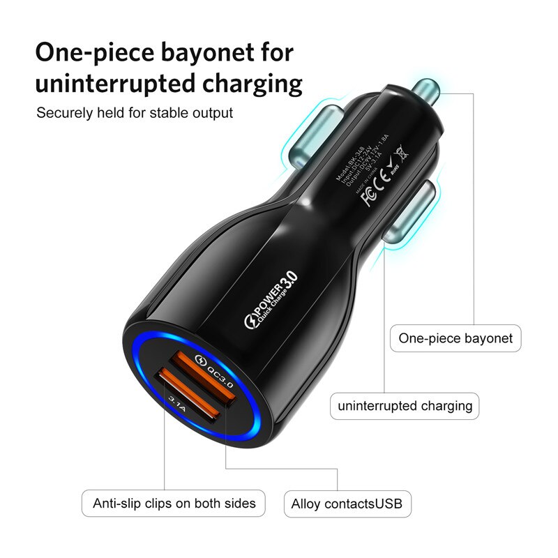 TKEY Dual USB Car Charger 18W 3.1A QC 3.0 Fast Charging Mobile Phone Charger Adapter For iphone 11 pro Samsung a71 Xiaomi redmi