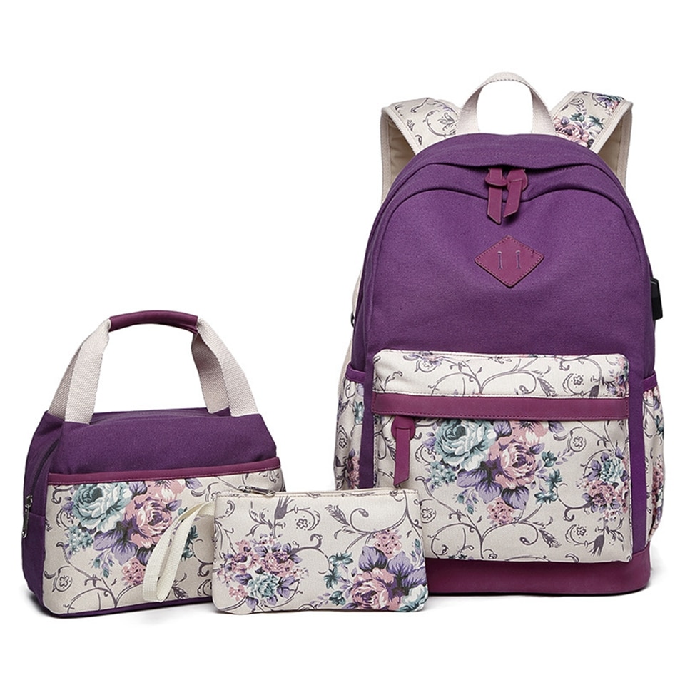 Vandtæt lærred bogtaske piger skole rygsæk sæt blomster søde skoletaske til 14 tommer bærbar rygsæk kvinder rejser dagtaske