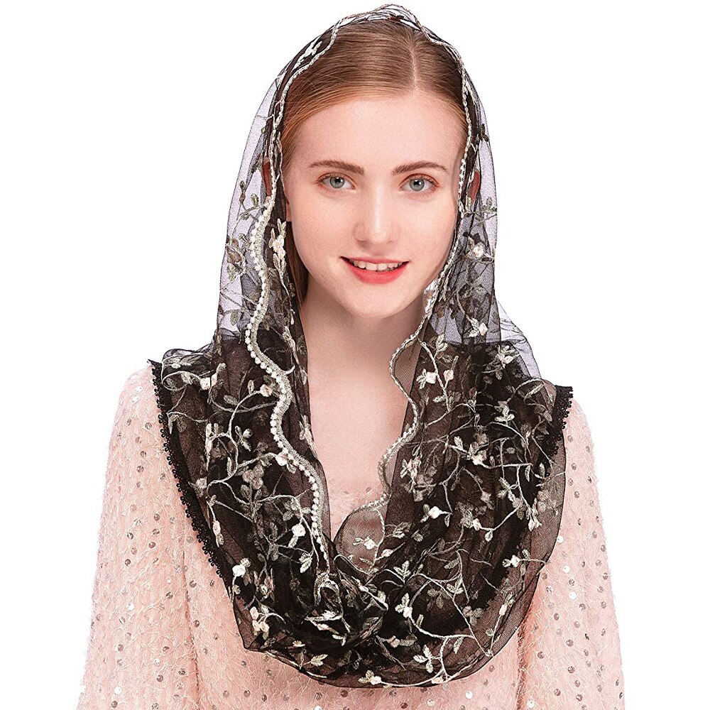 Velos de la Virgen para mujer, velo Infinity de Mantilla para mujer, masa latina, pequeño bordado Floral suave, pañuelo para cubrir la cabeza de encaje para novia