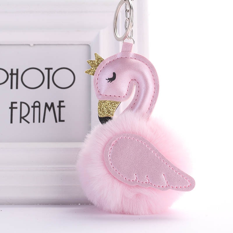 Leuke Roze Flamingo Sleutelhanger Vrouwen Konijnenbont Pompoms Zwaan Auto Sleutelhanger Houder Tas Charm Hanger Party Accessoires Cadeau