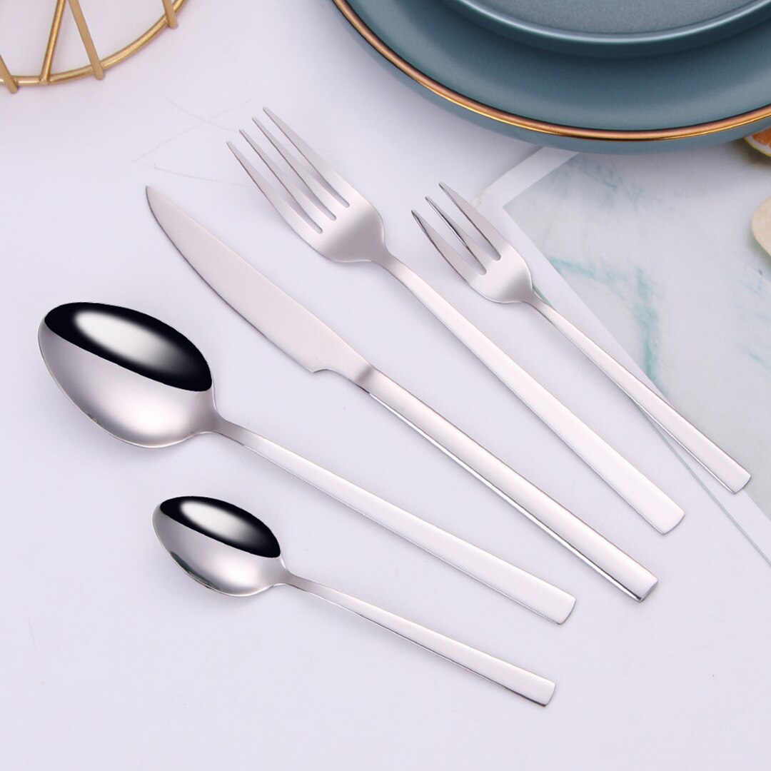 24Pcs Mirror Cutlery Tableware Set Silver Cutlery Stainless Steel Kitchen Set Dinnerware Knife Spoon Fork Dinner Set Complete