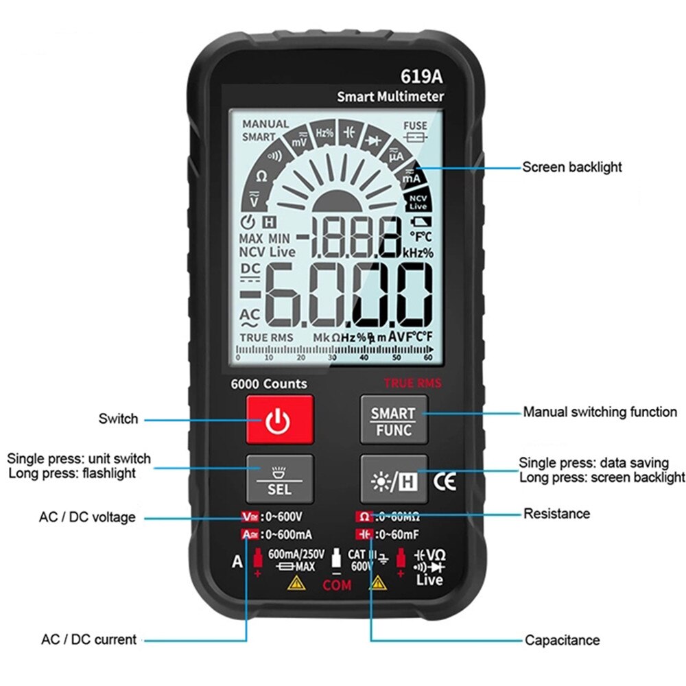 Digital Multimeter AC/DC Currents Voltage Testers True RMS 6000 Counts Analog Bar Multimetro NCV Meter