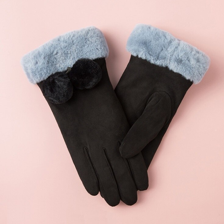 luxe daim gants mitaines doigt complet mitaines droite Index doigt écran gant velours épais femmes hiver: black with fur ball