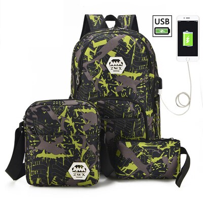 3 pcs /set USB Male backpacks laptop backpack for men shoulder bag student travel bag high school bags For Teenager schooltas: green 1