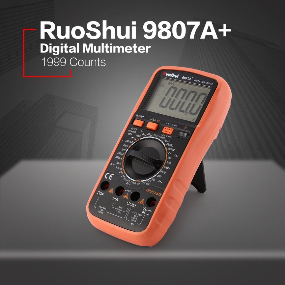 9807A+ Digital Multimeter 19999 Counts True RMS AC/DC Volt Amp Ohm Capacitance Frequency Diode hFE Continuity Tester