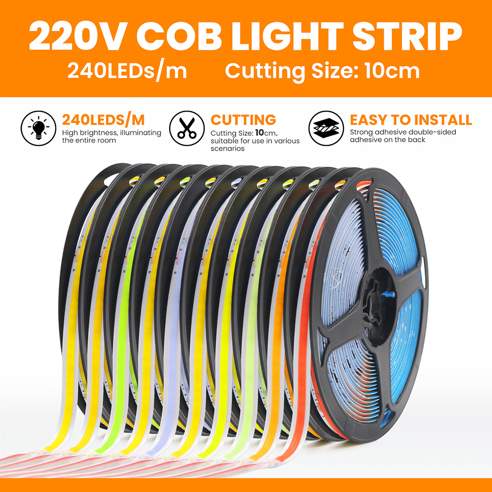 Led-stripe cob 220v høy lysstyrke 5m 10m 20m 50m fleksibel lysbånd med ic-likeretter 230v 240v ac 240 led/m lineær belysning