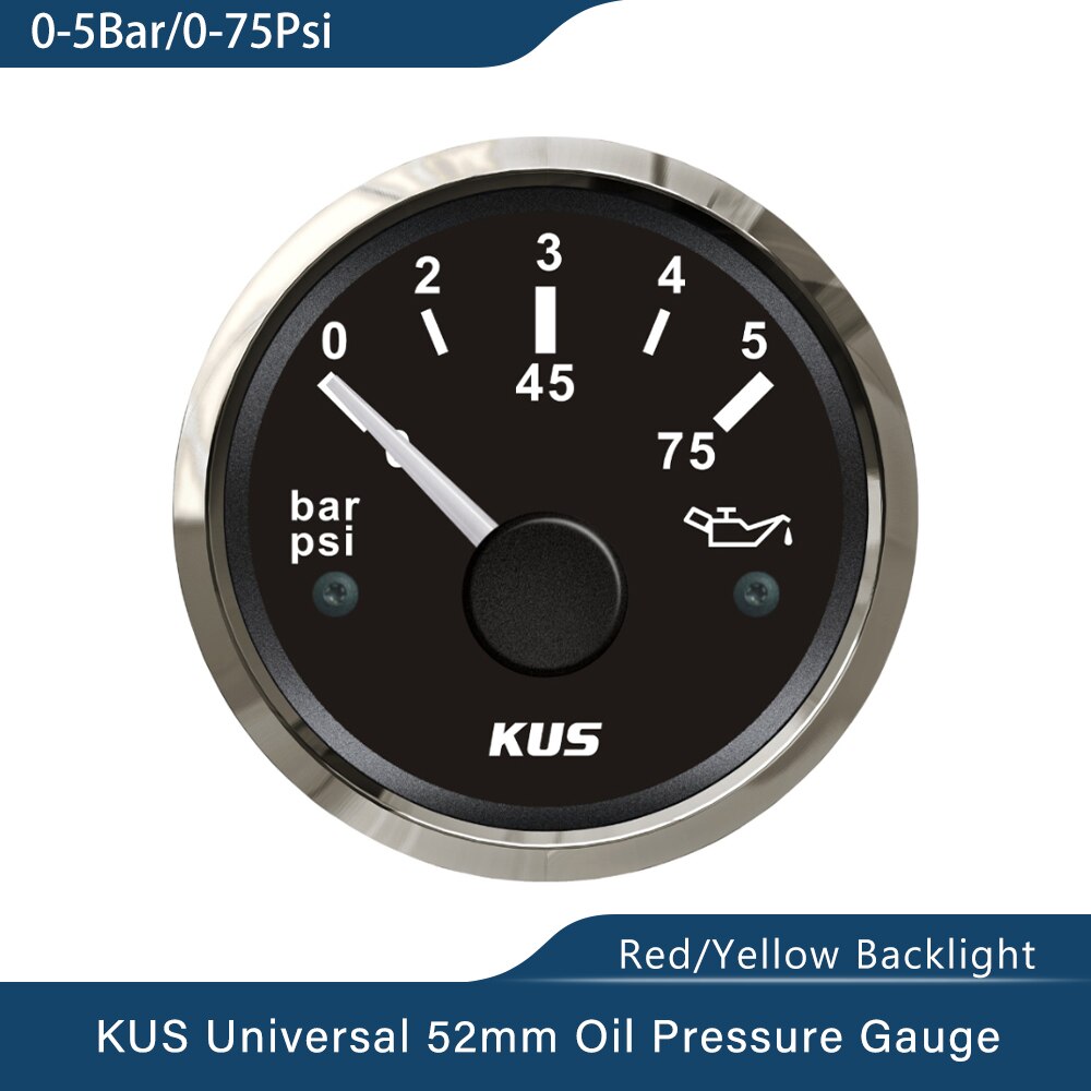 Kus 52mm oljetrykksmåler oljetrykksmåler med rødt og gult tilgjengelig bakgrunnsbelysning til bilbåt 0-5 bar 0-10 bar: 0-5 bar bs