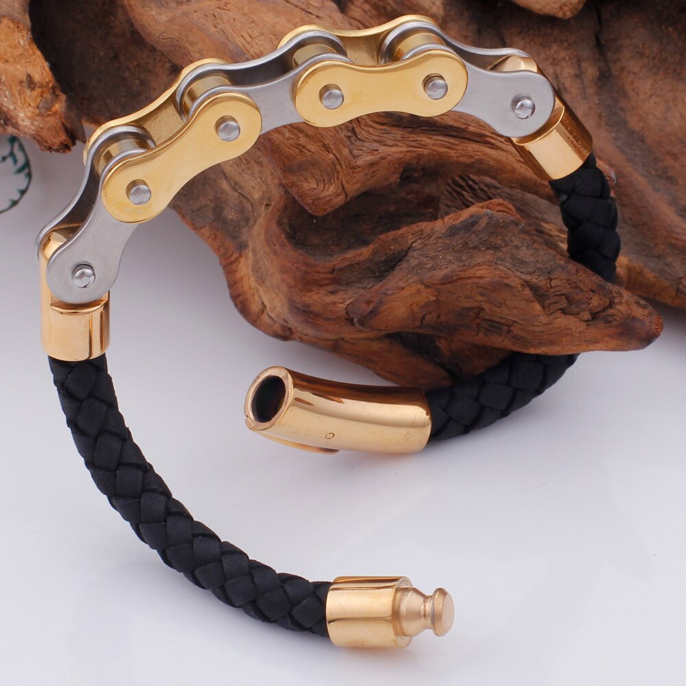 Goldene Edelstahl Motorrad Kette Armbinde Männer Armreif Mann Hüfte-hüpfen Felsen Mens wickeln Armbänder Handgemachte Radfahrer Leder Schmuck