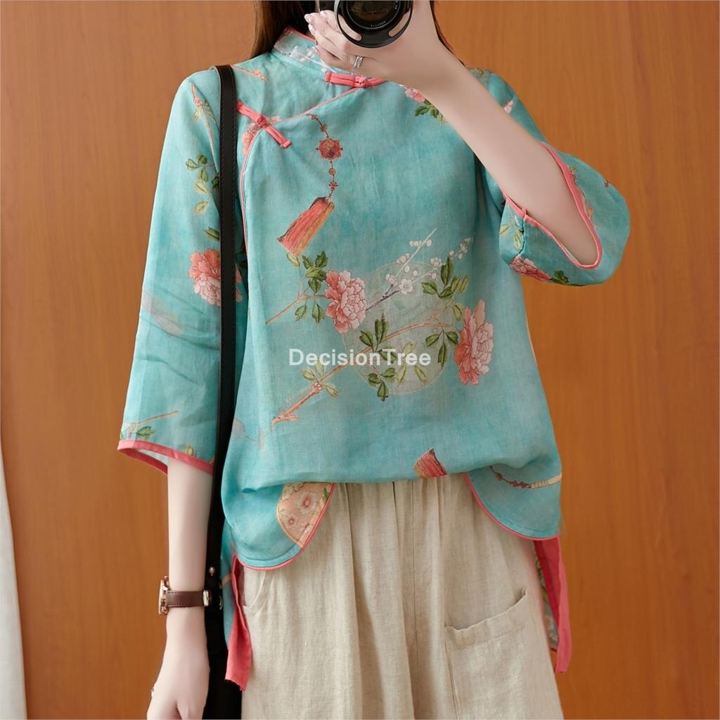 femme traditionnel chinois vêtements haut rétro fleur impression hanfu haut pour femme oriental tang costume chinois blouse: XL