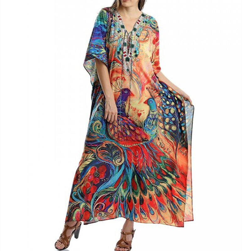 Kaftan Strand Lange Katoenen Tuniek Bohemian Gedrukt Losse Zomer Jurk Gewaad Plus Size Vrouwen Beach Wear Swim Suit Cover up Q1044