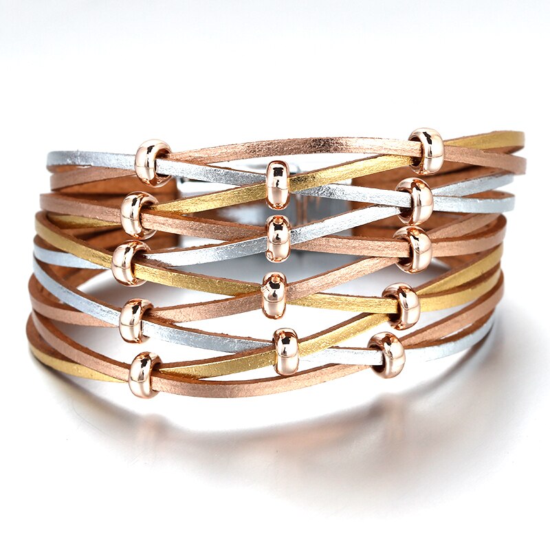Amorcome Simple Boho Cross Net Hole Leather Bracelets for Women Crystal Metal Beads Multilayer Wide Wrap Bracelet Female Jewelry