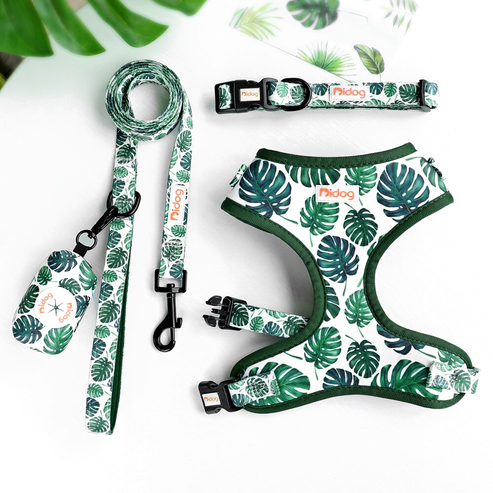 Print Dog Collar Harness Leash Poop Bag Set Adjustable Pet Collars Vests For Small Medium Dogs Pets Walking Rope Garbage Bags