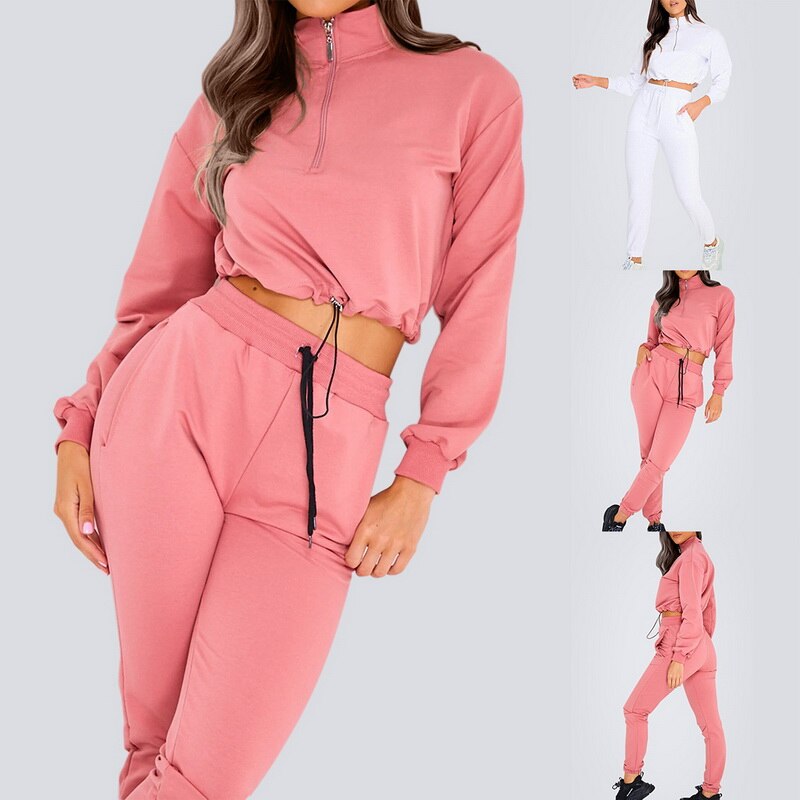 Conjunto de dos piezas de Color liso para mujer, pantalones de cintura alta con ombligo expuesto y cremallera redonda de manga larga, ropa de femenina