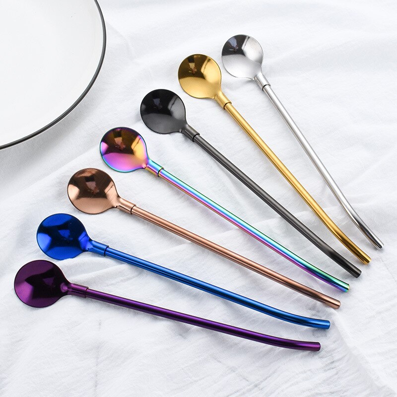 Pajitas reutilizables para beber, cuchara de acero inoxidable, pajilla de bebida larga, portátil, Color arcoíris, cuchara agitadora de cóctel