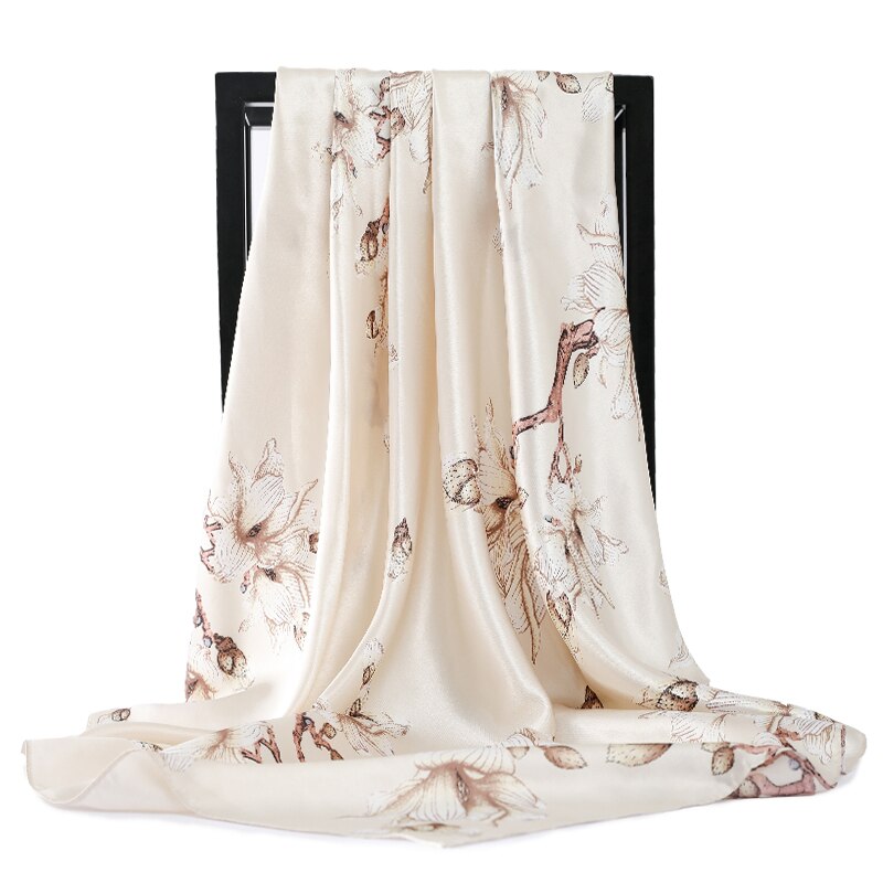 Luxe Bloemenprint Zijde Satijn Hijab Sjaal Voor Vrouwen Haar Sjaals Vrouwelijke 90*90Cm Vierkante Sjaals En Wraps hals Sjaals Voor Lady