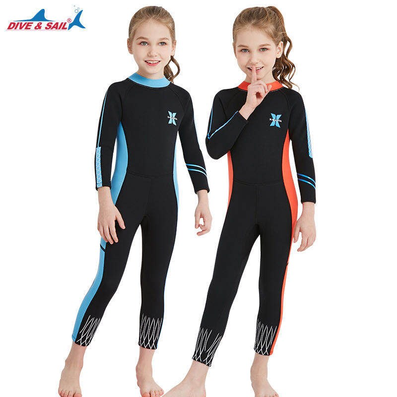 Traje de buceo de neopreno para niños y niñas, traje de baño de manga larga que mantiene el calor, protección UV, 2,5 MM