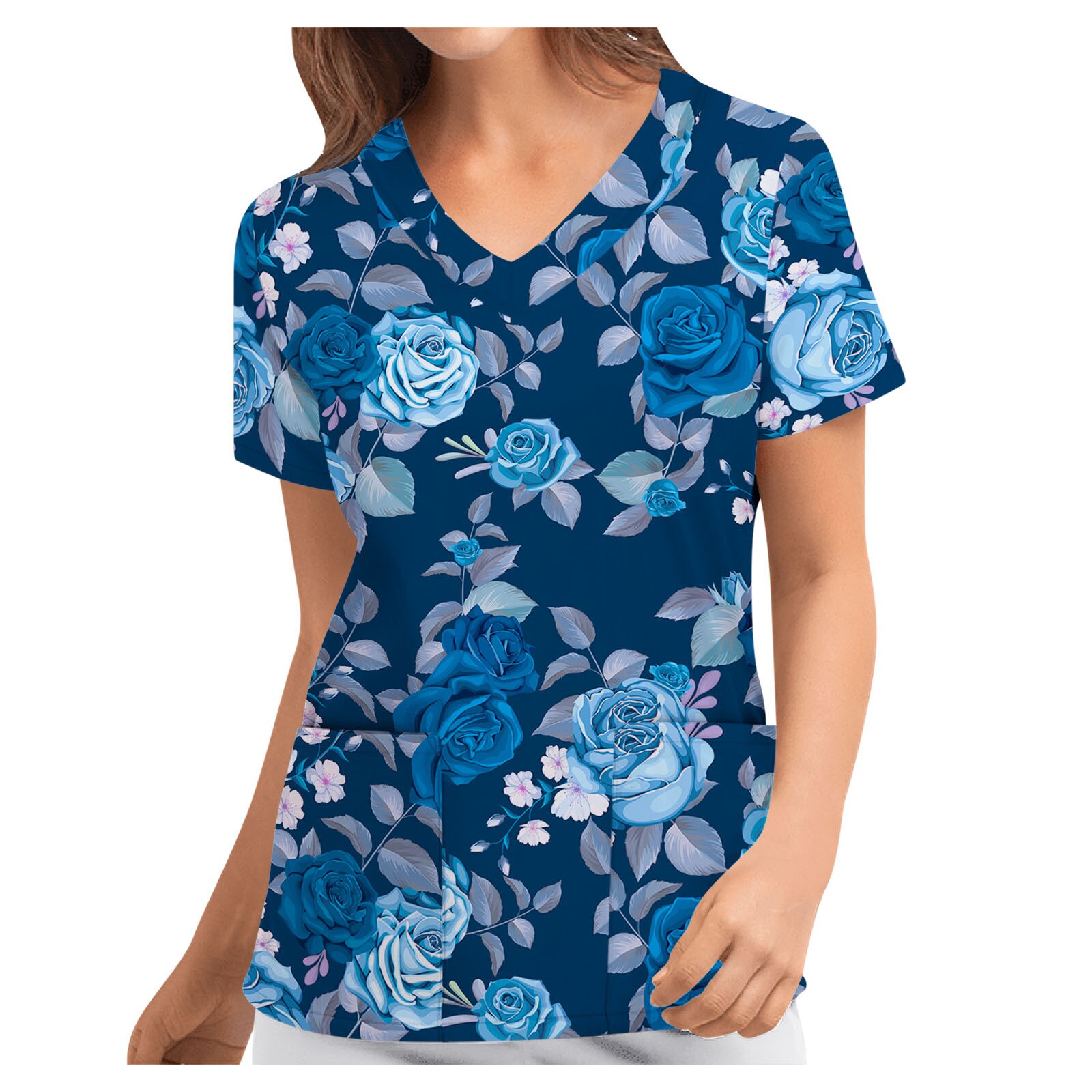 Les femmes Blouse manches courtes col en v clinique vêtements motif Floral hauts avec poche de travail des infirmières uniforme décontracté chemises douces