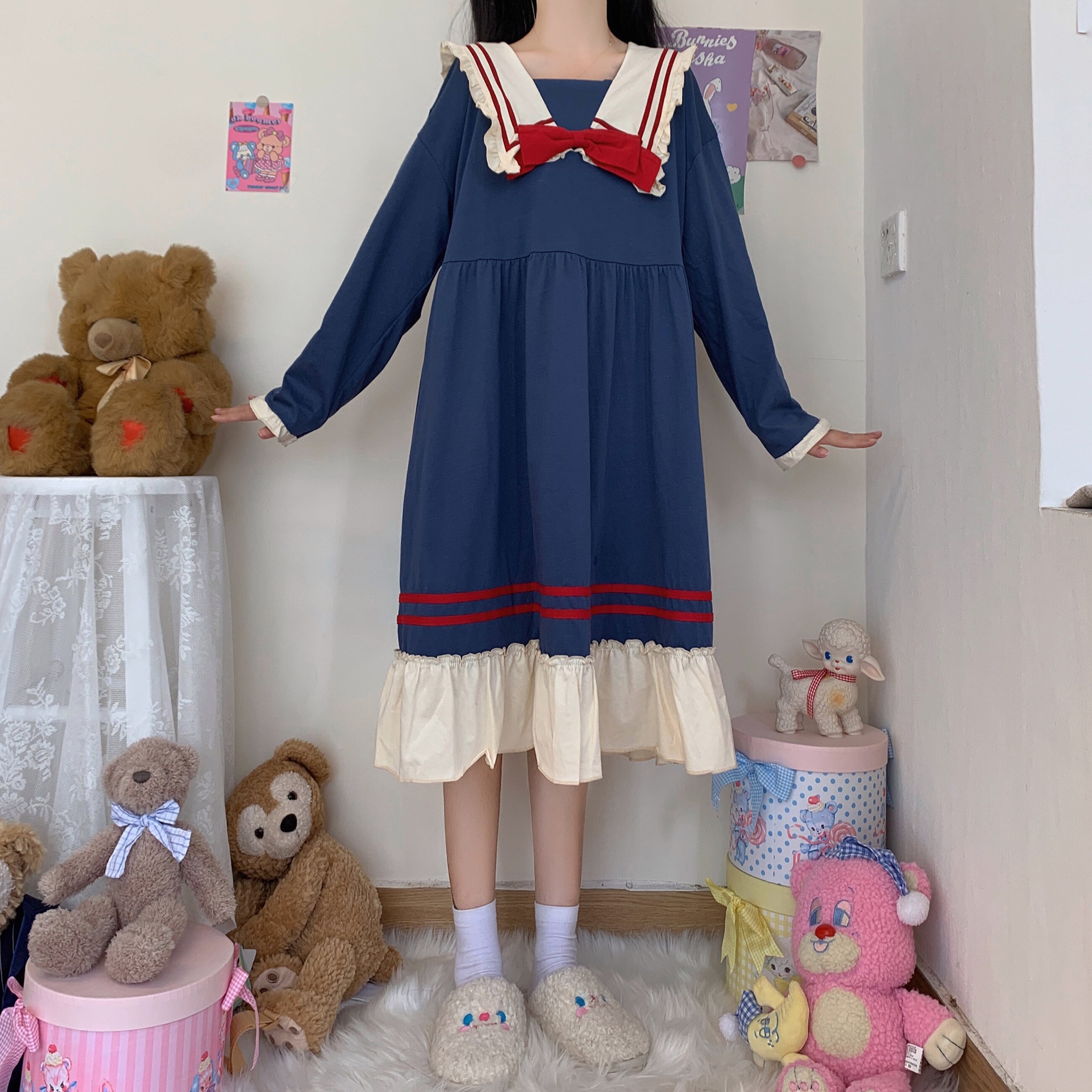 Kawaii Japanese Collar Dresses Autumn Sailor Sweet Temperament Navy bowknot School Uniform Girls Cute Casual Dress