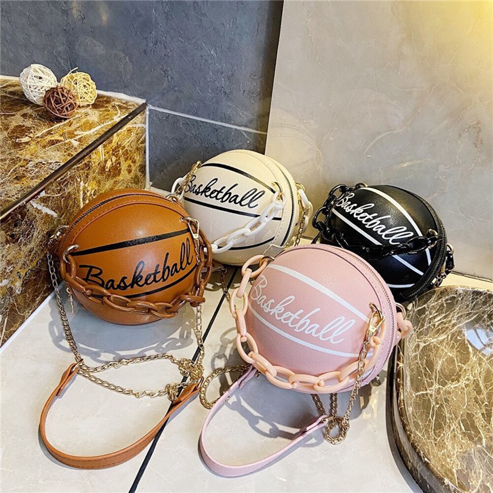 Basketbal Ronde Vormige Schoudertassen Voor Vrouwen Acryl Ketting Toevallige Kleine Totes Purse Pu Lederen Messenger Crossbody Handtassen