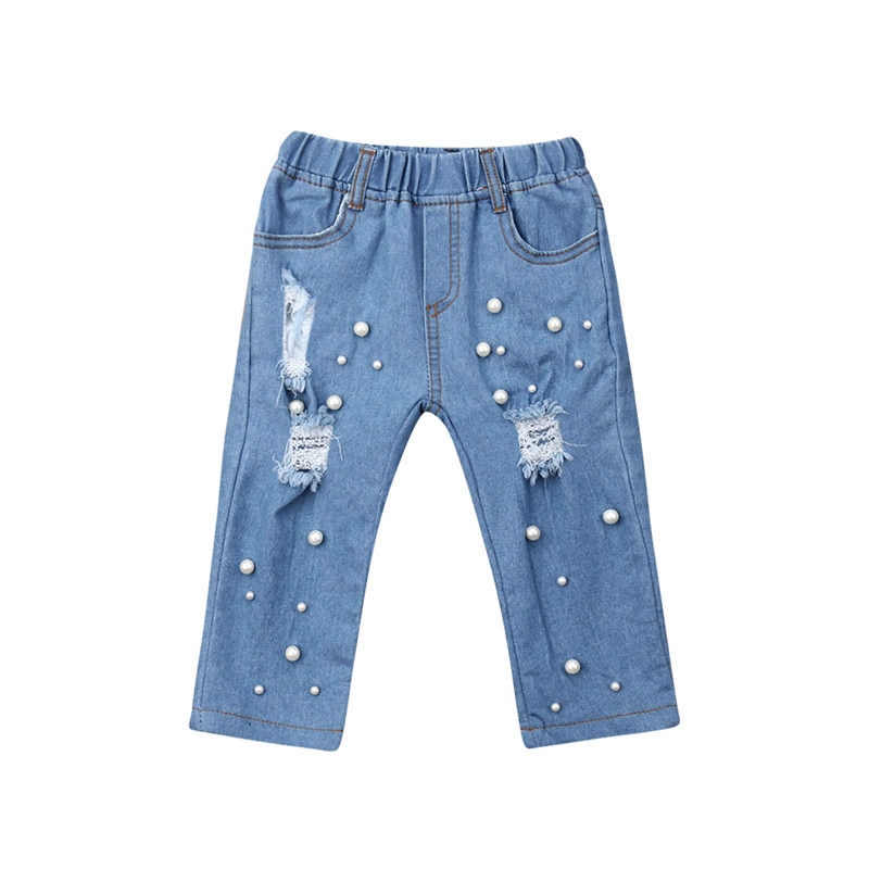 Meninas doces Do Bebê Contas Buraco Caber Jeans Verão Casual Desfiado Buraco Calça Jeans buraco azul Denim Calças Casuais ElasticTrousers