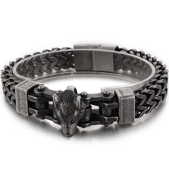 Edelstahl männer Armbänder Mit Wolf Köpfe 12MM Doppel Schicht Franco Link Curb Kette Armband Männer Punk Schmuck mit Tasche: Ancient Black