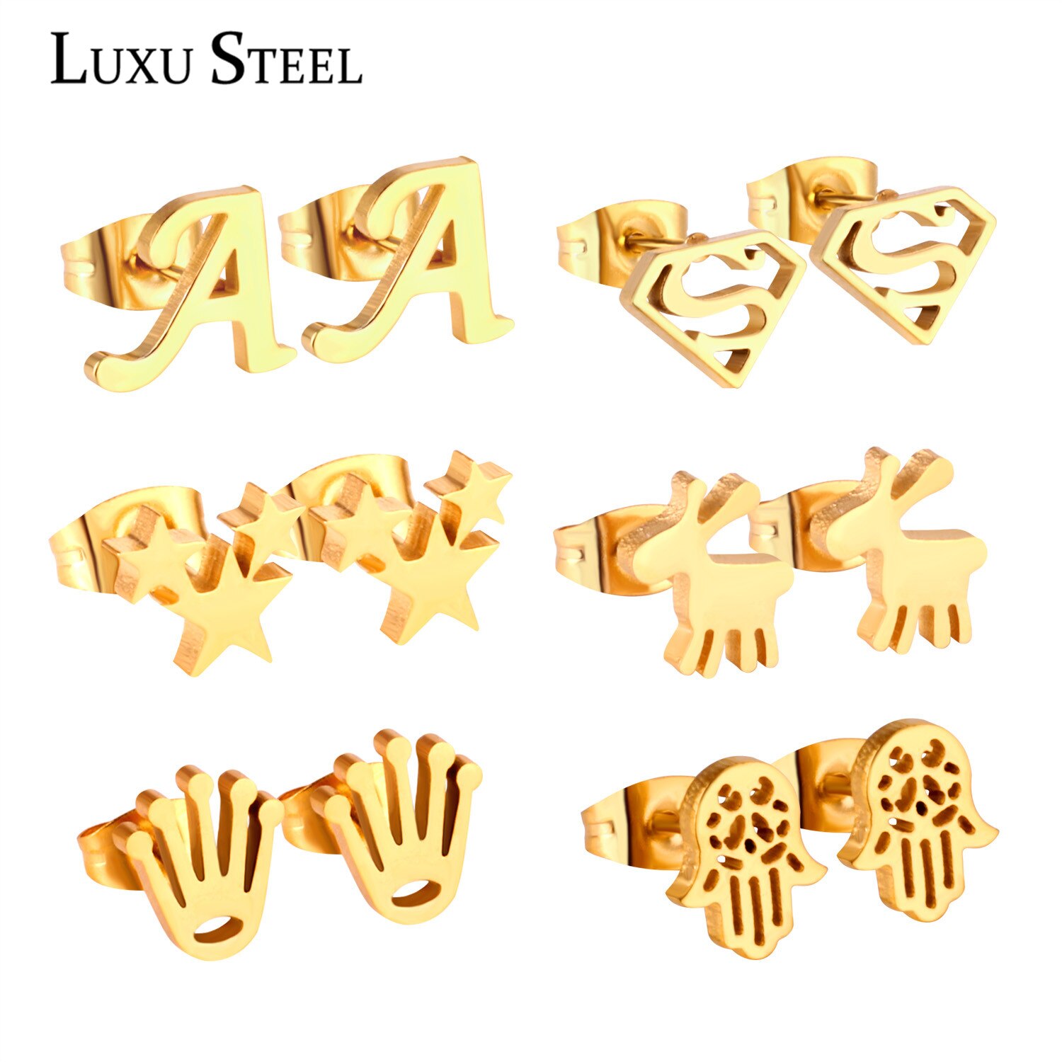 LUXUSTEEL Earring Sets 6 Pairs Gold Color Letter/Star/Hand/Animals Shape Stud Earring Sets For Women/Girl Female