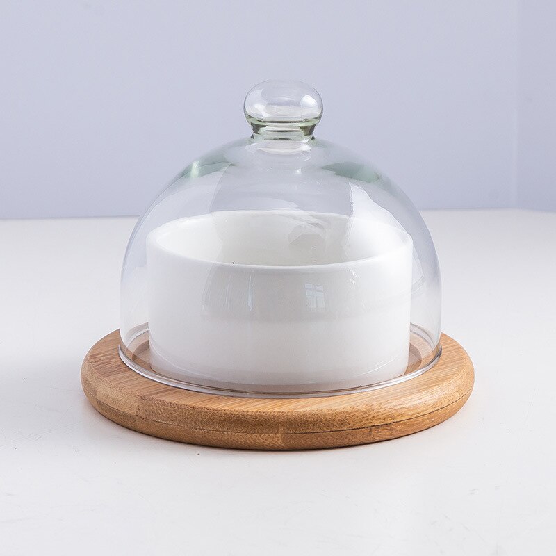 Bandeja de cerámica para almacenamiento de postres bandeja de almacenamiento de aperitivos y frutas, recipiente para helado con tapa de cristal y bandeja de bambú, juego de cubiertos de cocina: white-1pcs