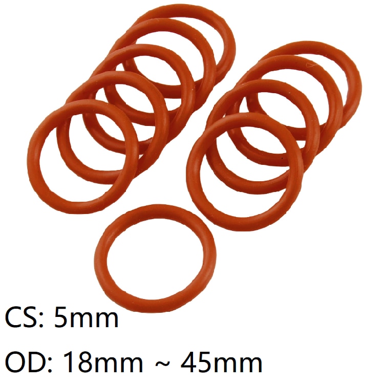 10 st tjocklek  cs 5mm od 18 ~ 45mm silikon o ring packning livsmedelskvalitet vattentät bricka gummi isolerad rund o form tätning röd